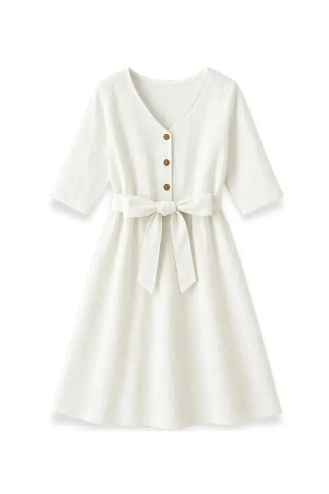 Faye Linen Dress - Cream - Dresses