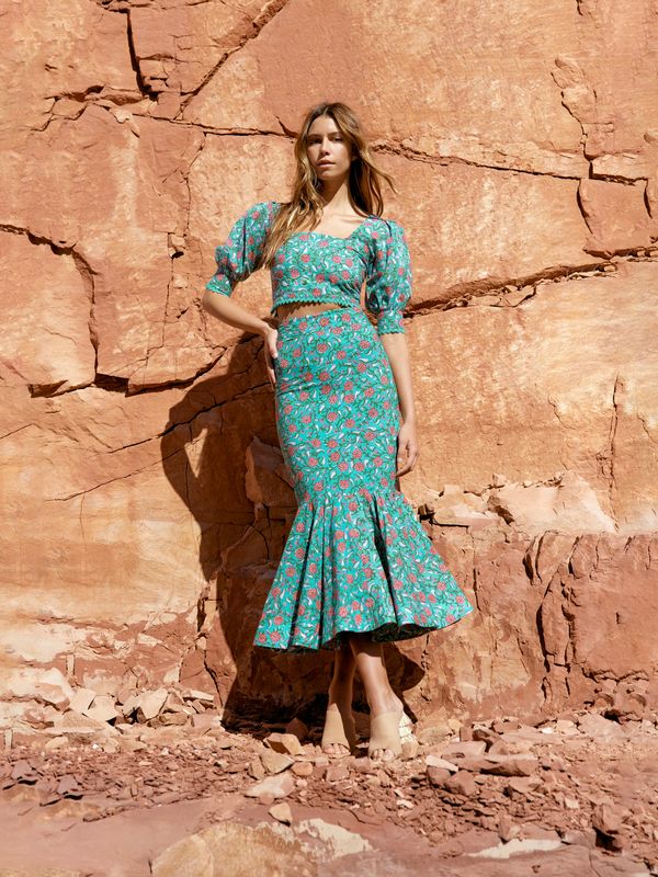 Patsy Fluted Pencil Skirt - Teal & Cerise Floral Print