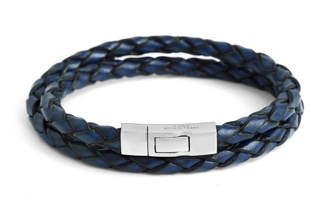 Double Wrap Scoubidou Bracelet In Leather With Silver Click Clasp - Blue