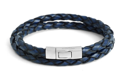 Double Wrap Scoubidou Bracelet In Leather With Silver Click Clasp - Blue