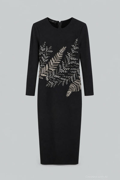 Fern Embroidered Long Sleeve Gown - Black - US 6 / M - Dresses