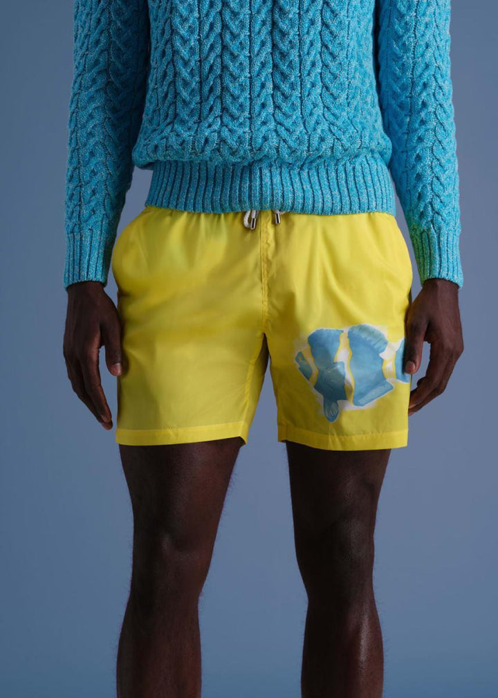 Fish Print Swim Trunk - Yellow - Swim Trunk