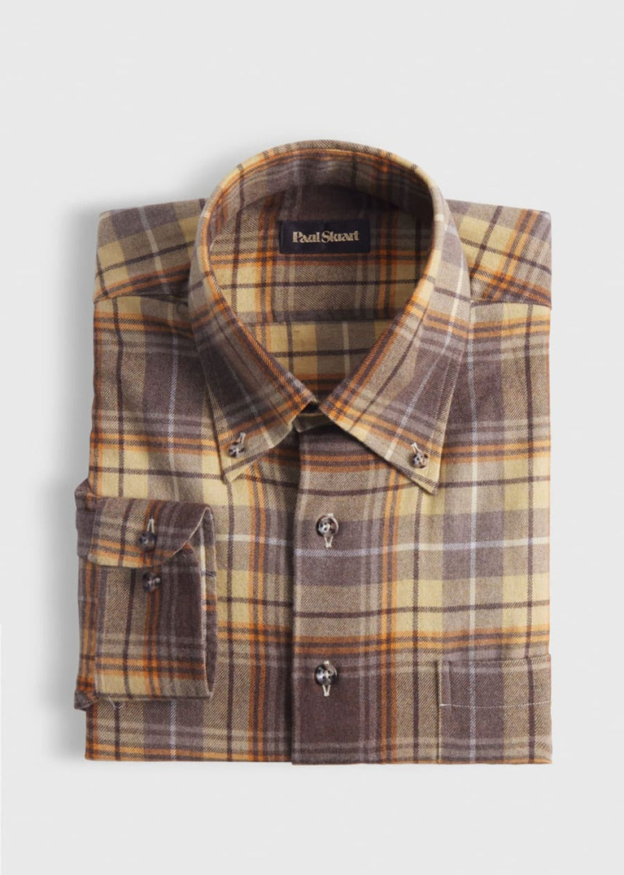 Flannel Plaid Sport Shirt - Brown/Yellow - XL (44) - Collared Shirt