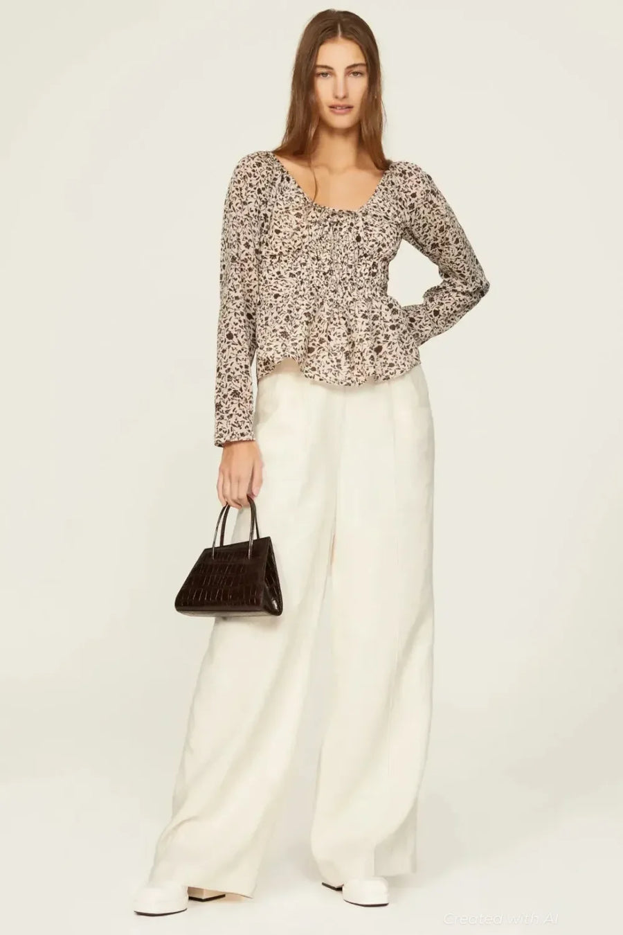 Floral Cinched Front Blouse - Cream Multi - Shirt