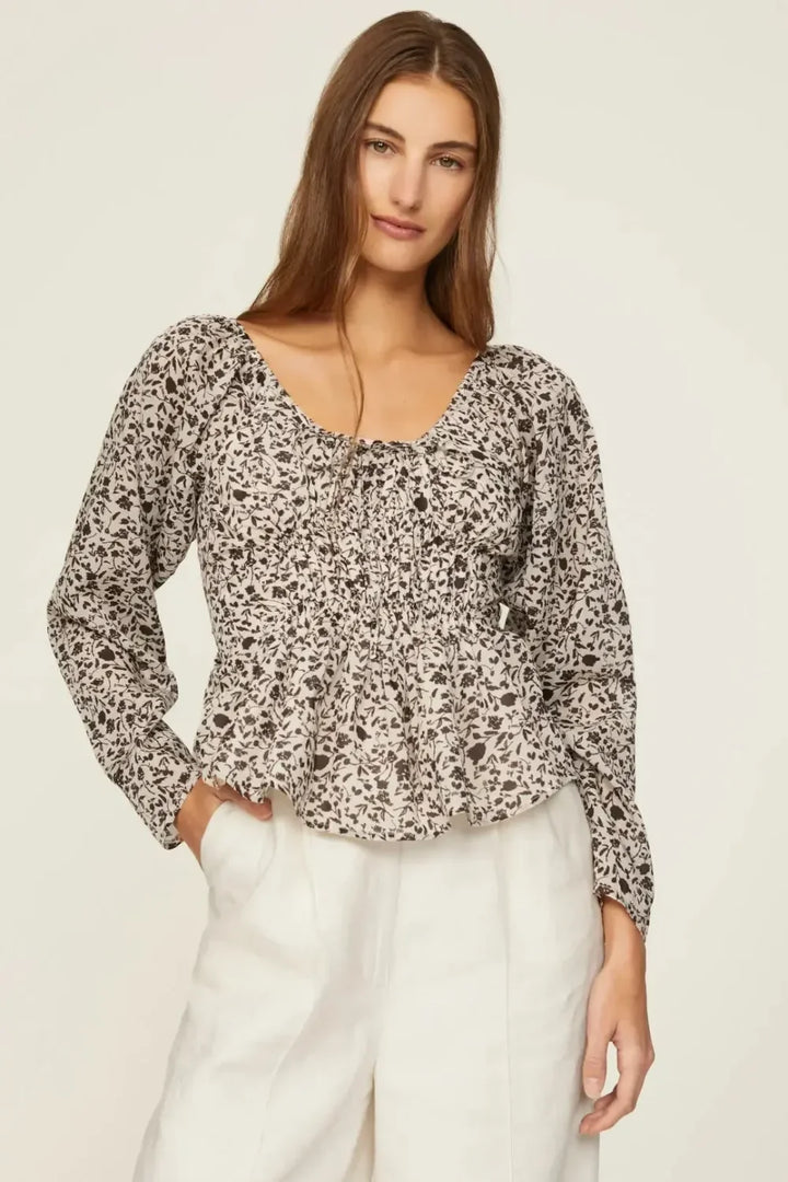Floral Cinched Front Blouse - Cream Multi - Shirt