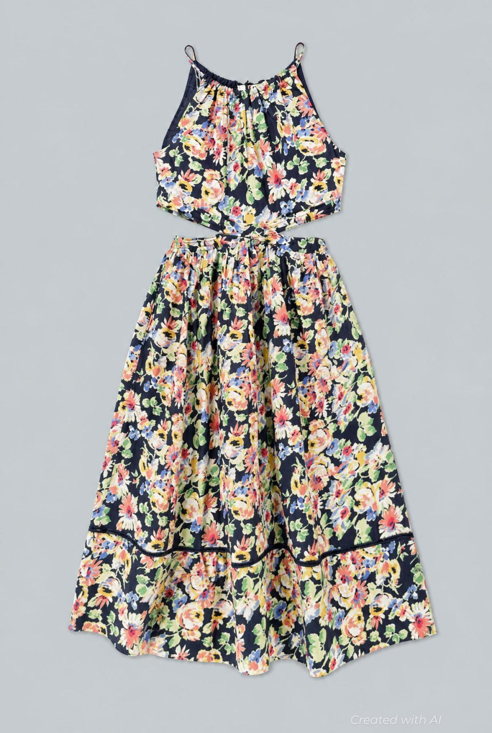 Floral Cut Out Midi Dress - Navy Combo - Dresses
