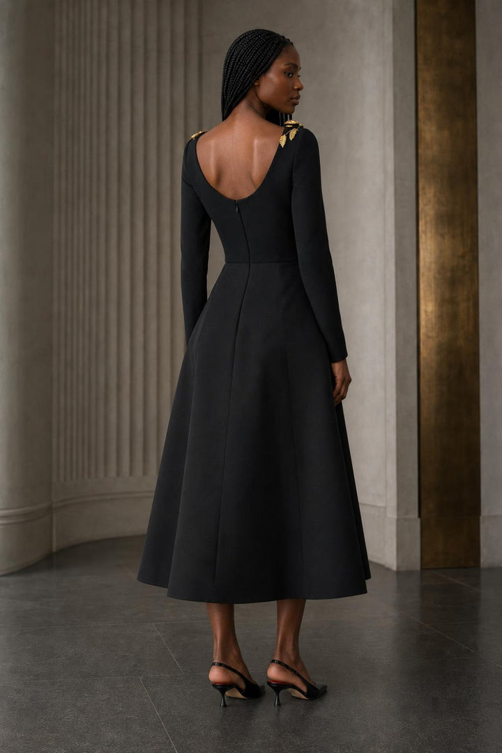 Floral-Embroidered Long Sleeve Midi Dress - Black Multicolor - US 2 / XS - Dresses
