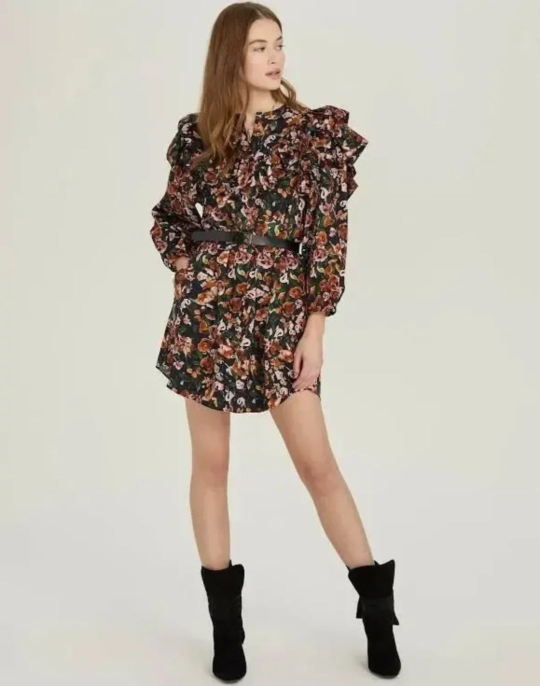 Floral Ruffle Button Up Dress - Black Combo - Dresses