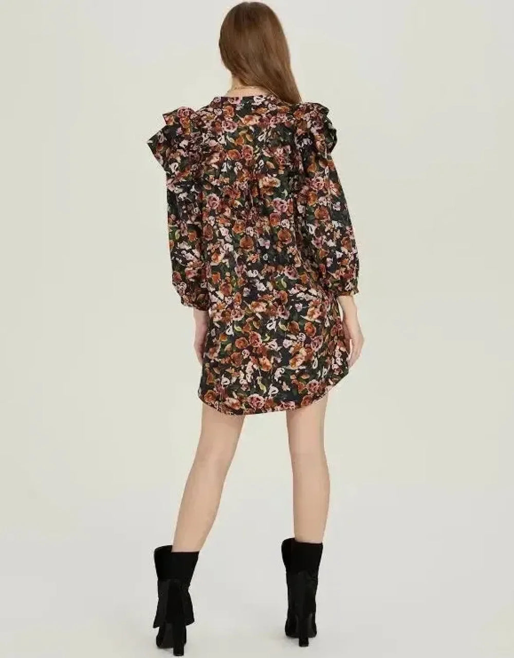 Floral Ruffle Button Up Dress - Black Combo - Dresses