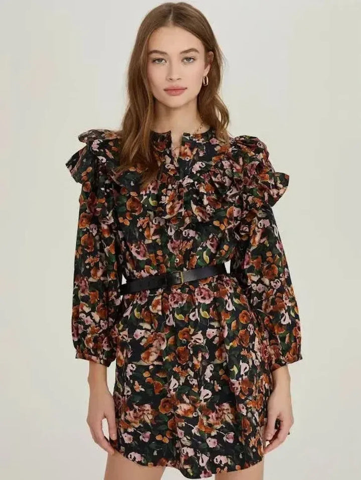 Floral Ruffle Button Up Dress - Black Combo - Dresses