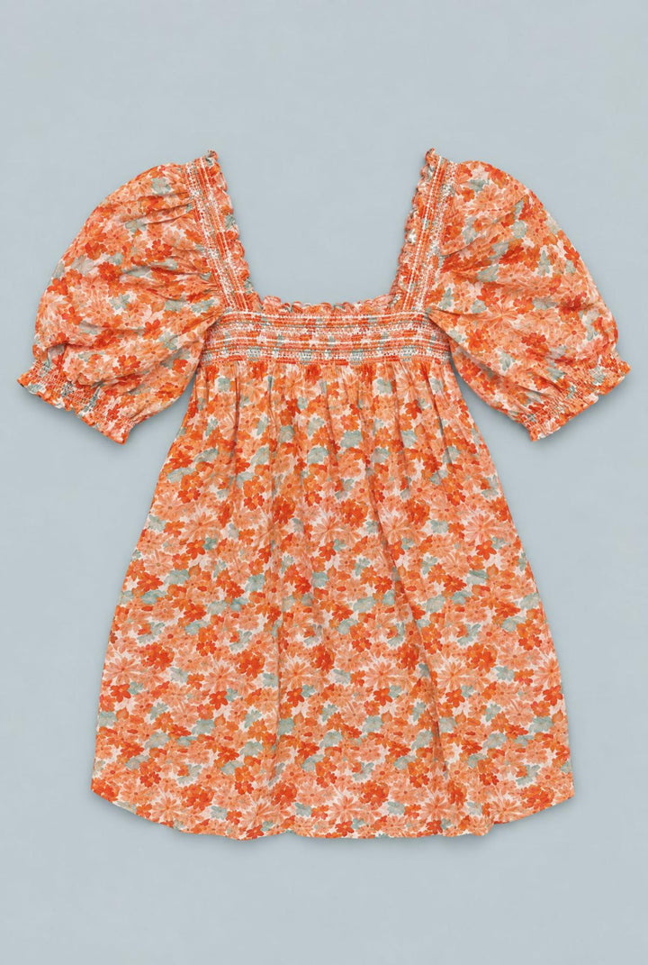 Floral Smocked Puff Shoulder Mini Dress - Orange Combo - Dresses