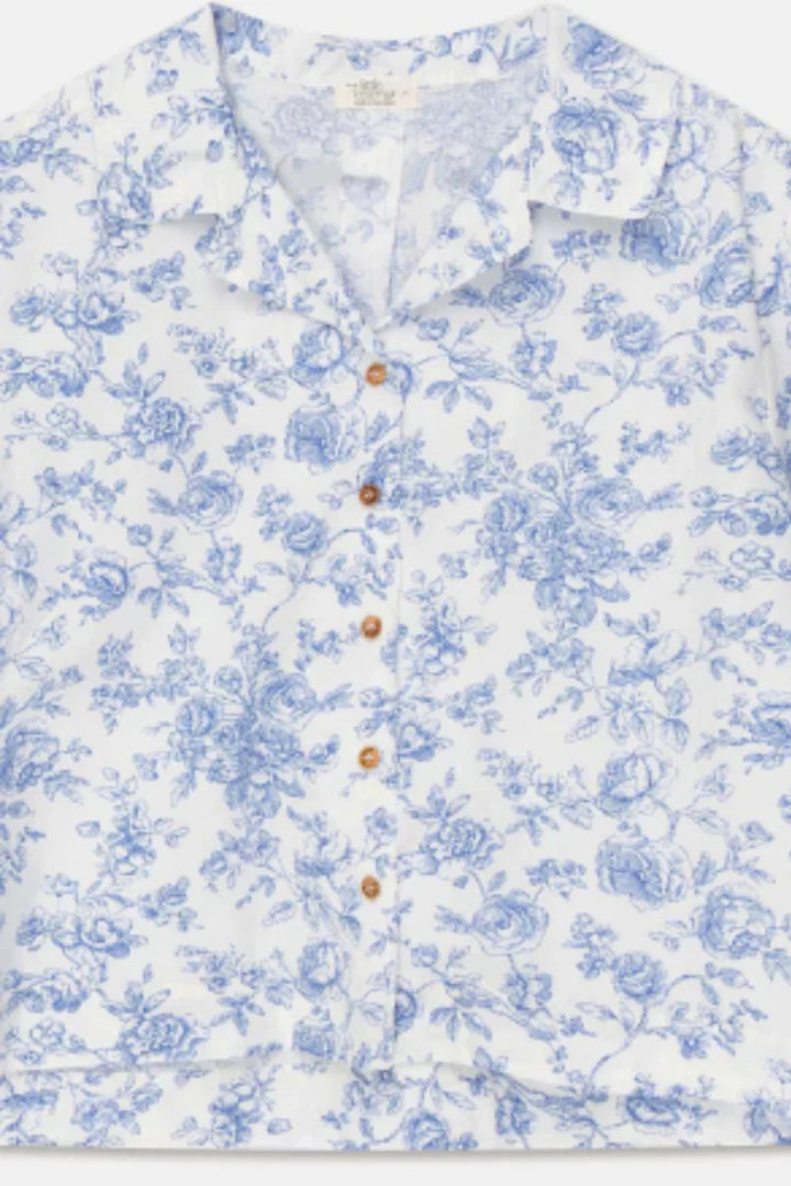 Floral Woman Crop Shirt - Ivory/Blue - Crop Top