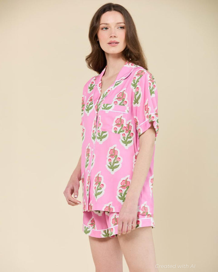 Floret Pajama Shorts Set - Pink - Pajamas