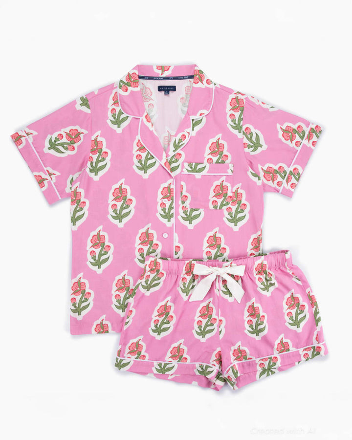 Floret Pajama Shorts Set - Pink - Pajamas
