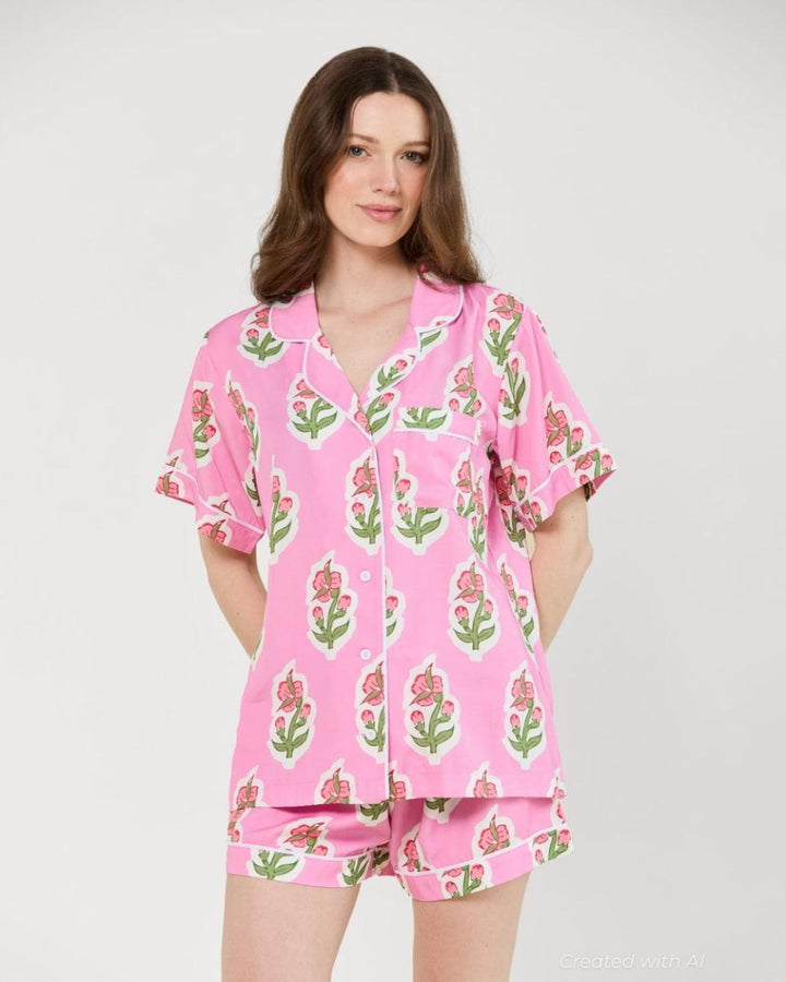 Floret Pajama Shorts Set - Pink - Pajamas