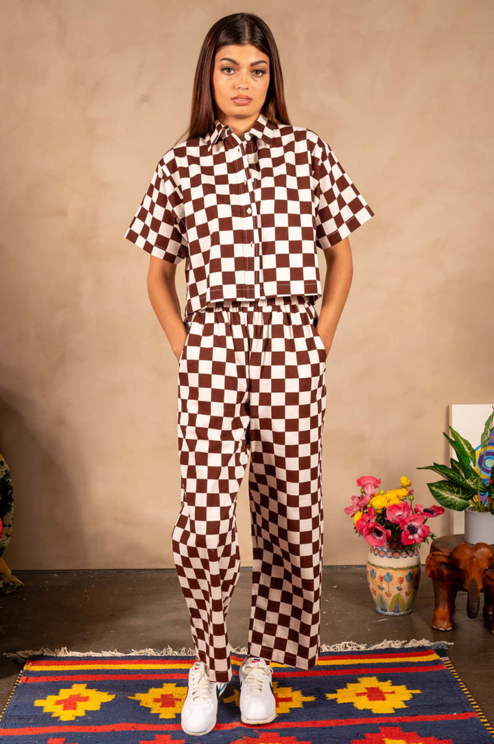 Hand Printed 'The Cami' Crop Shirt - Chocolate And White Chessboard
