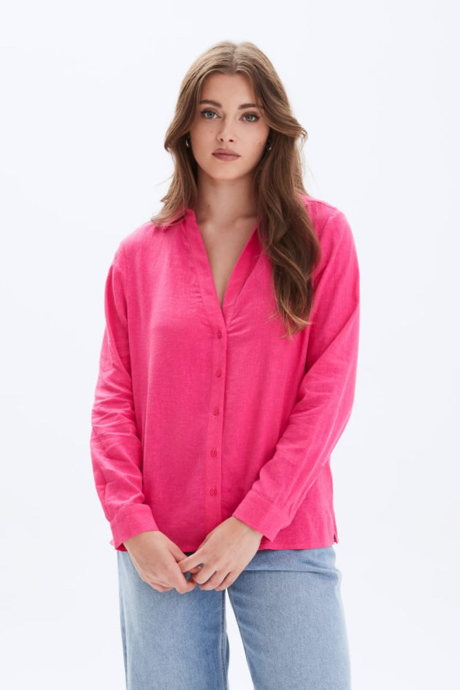 Frida Linen Button Up Shirt - Strawberry Pink - Button Down Shirt