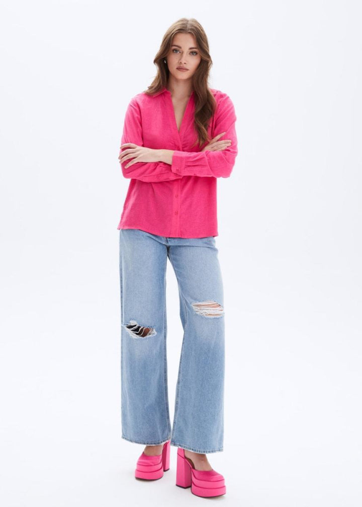 Frida Linen Button Up Shirt - Strawberry Pink - Button Down Shirt