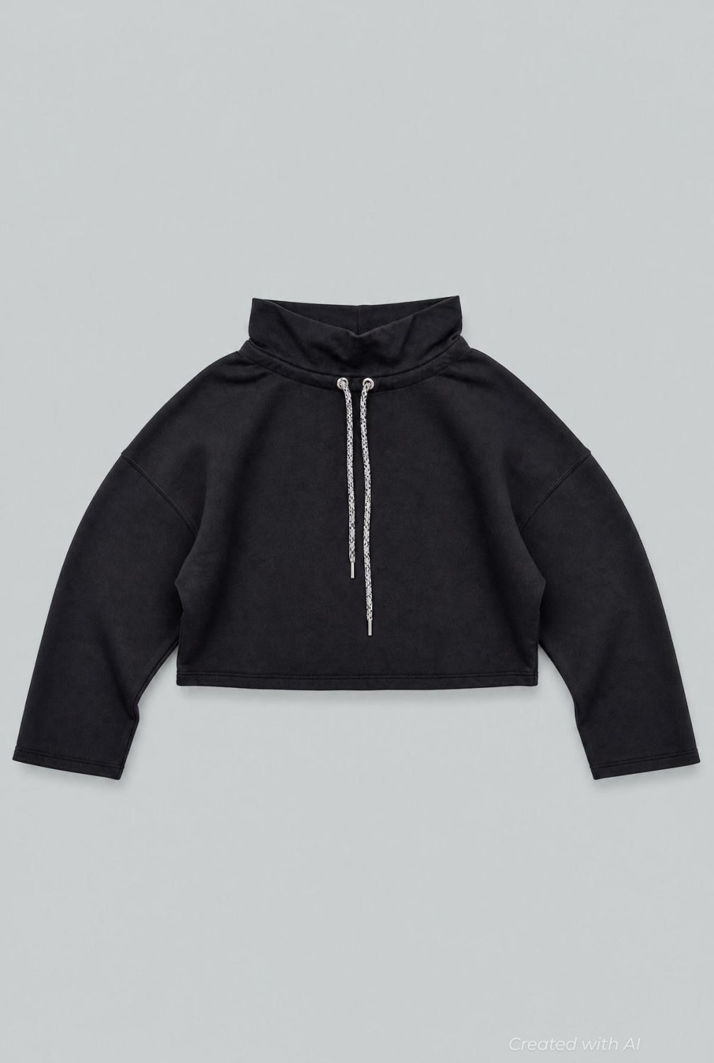 Funnel Neck Sweatshirt With Drawstring - Black - Sweatshirt