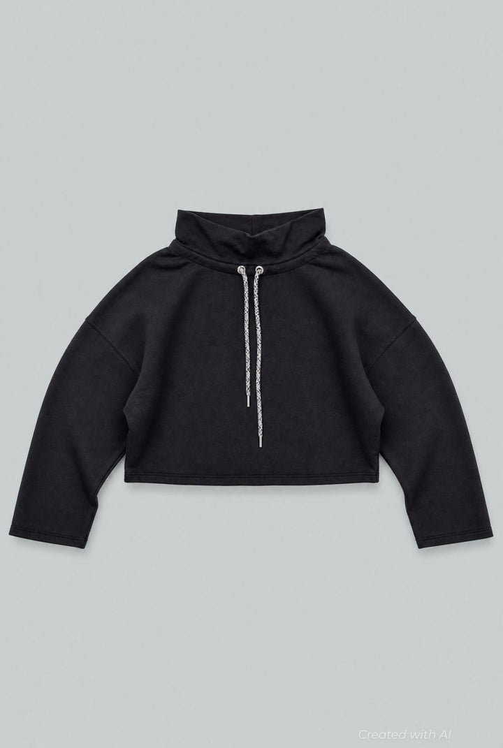 Funnel Neck Sweatshirt With Drawstring - Black - Sweatshirt