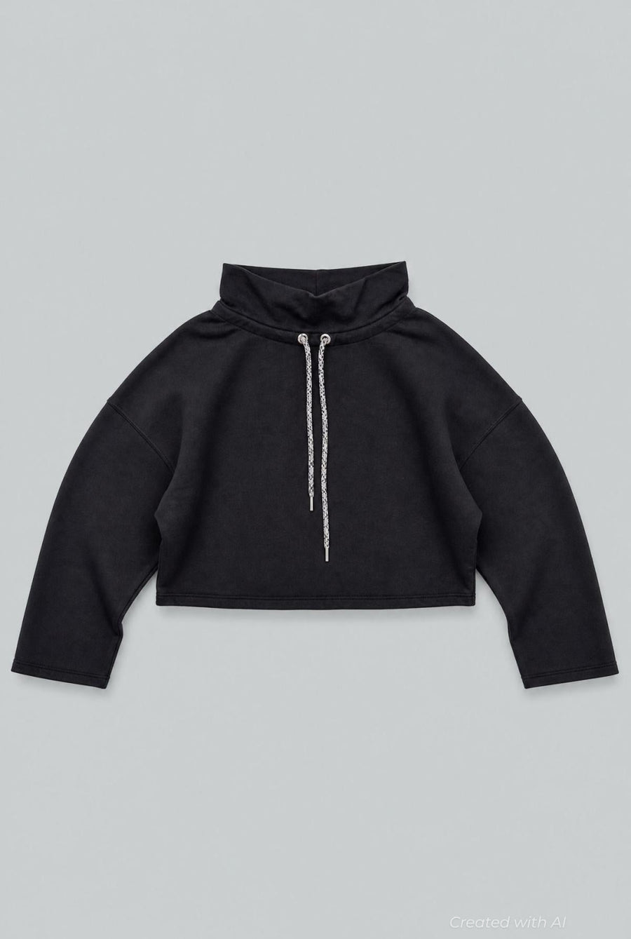 Funnel Neck Sweatshirt With Drawstring - Black - Sweatshirt