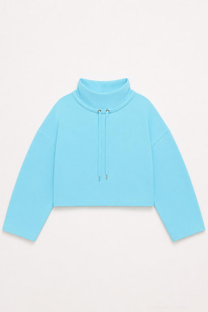 Funnel Neck Sweatshirt With Drawstring - Blue - Sweatshirt