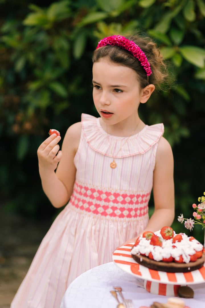 Capucine Pink Yellow Stripe Sleeveless Smocked Dress - Striped