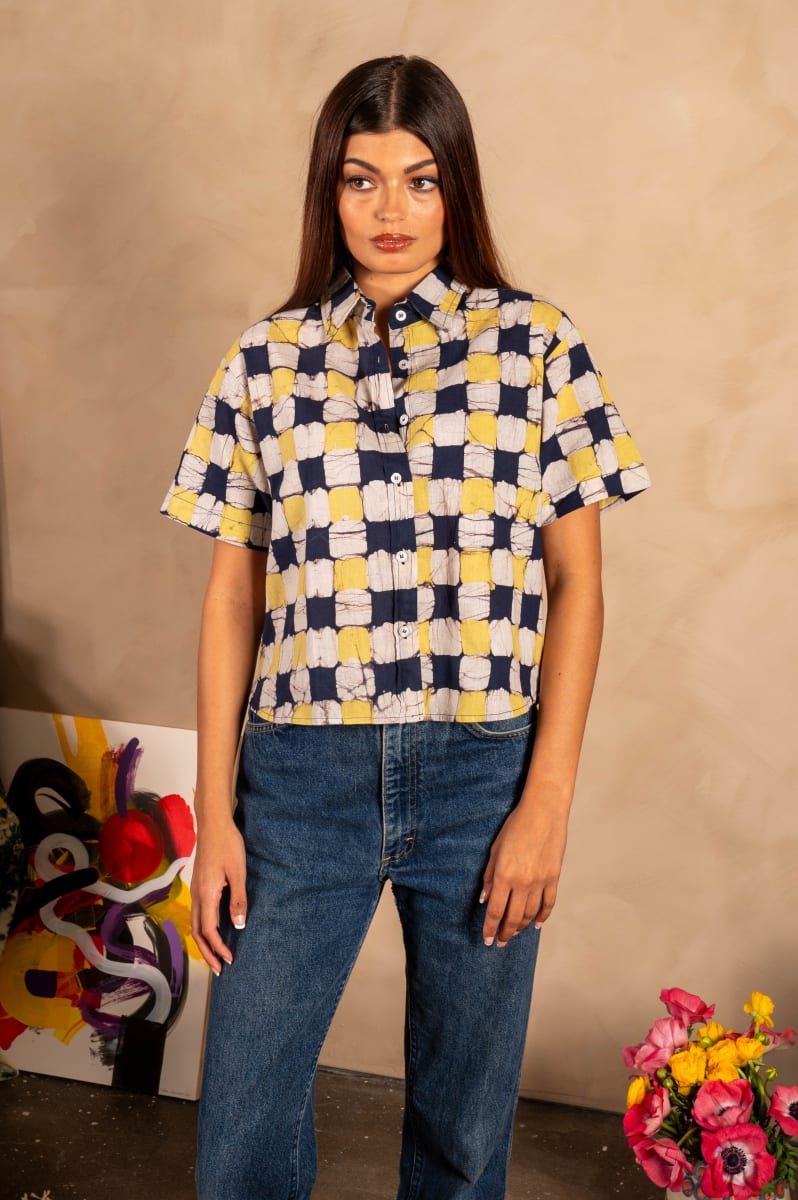 Hand Block Printed 'The Michelle' Shirt - Yellow And Black Chessboard Batik Print