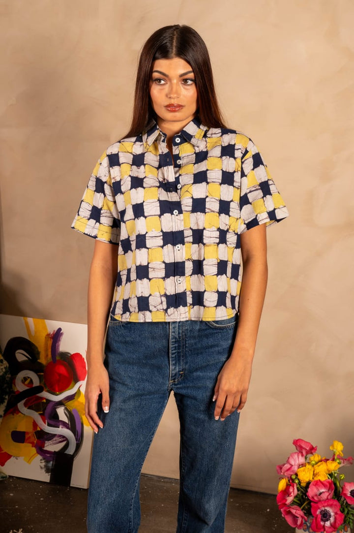 Hand Block Printed 'The Michelle' Shirt - Yellow And Black Chessboard Batik Print