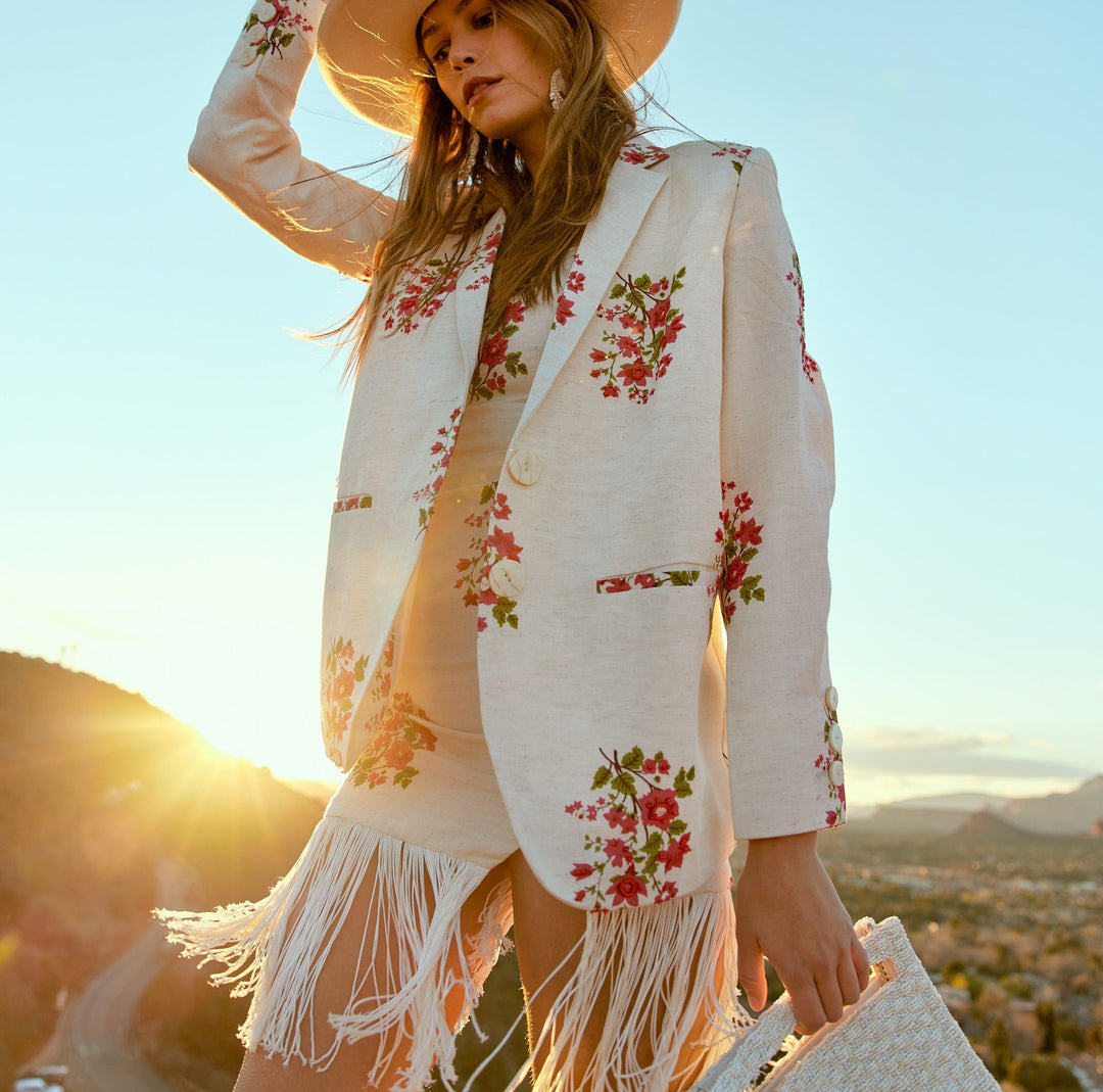 Amber Beaded Mini Fringe Dress - Oatmeal & Ruby floral beading