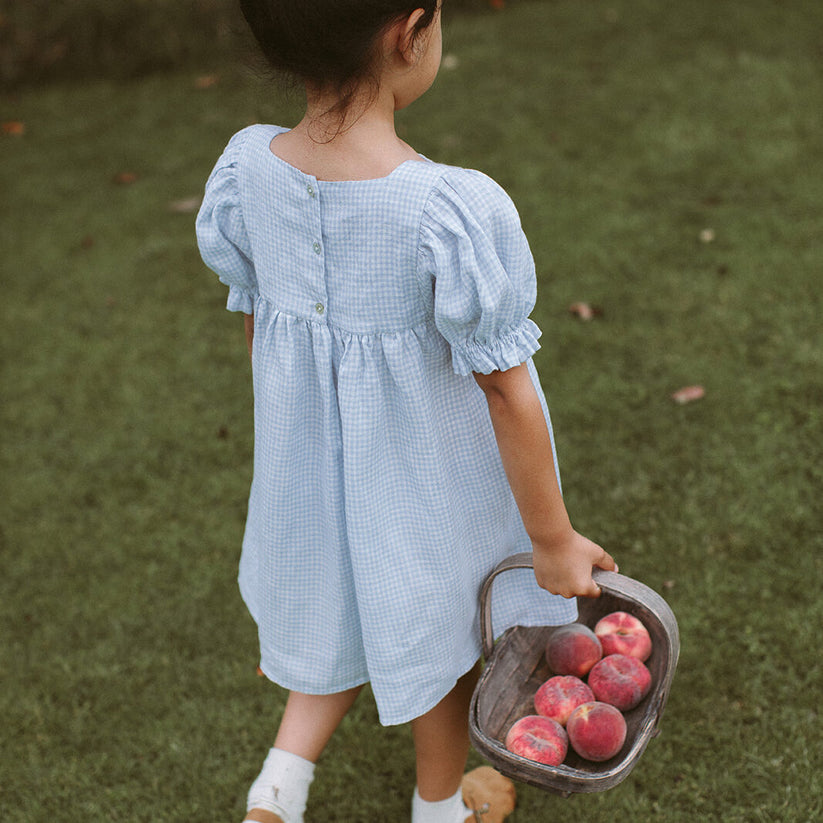 Kids Skipping Dress - Baby Blue And Milk Mini Check Linen