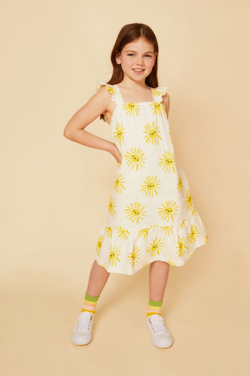 Linen Sun Kid Ruffle Dress - Natural/Yellow