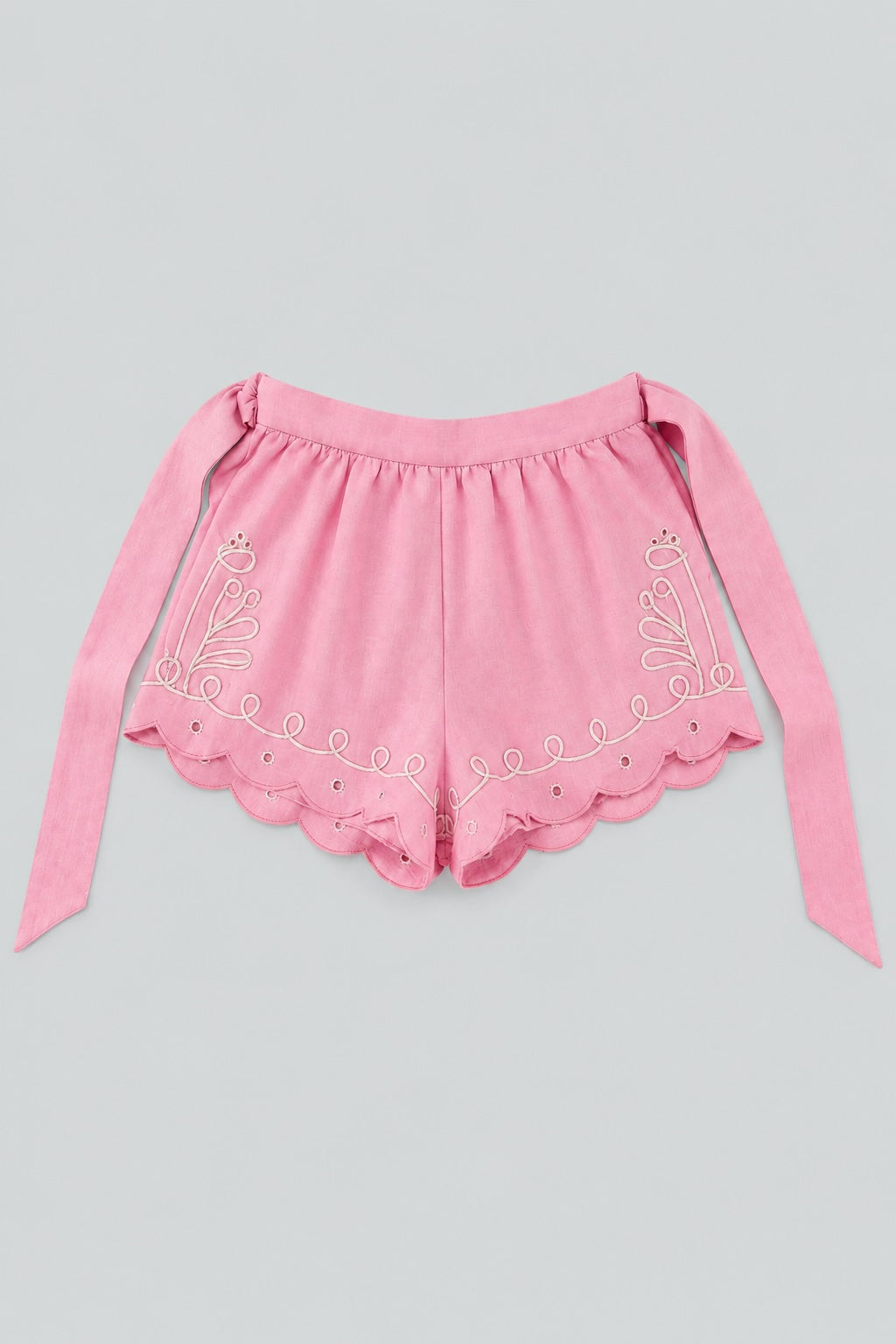 Embroidered Tie Waist Shorts - Pink Combo