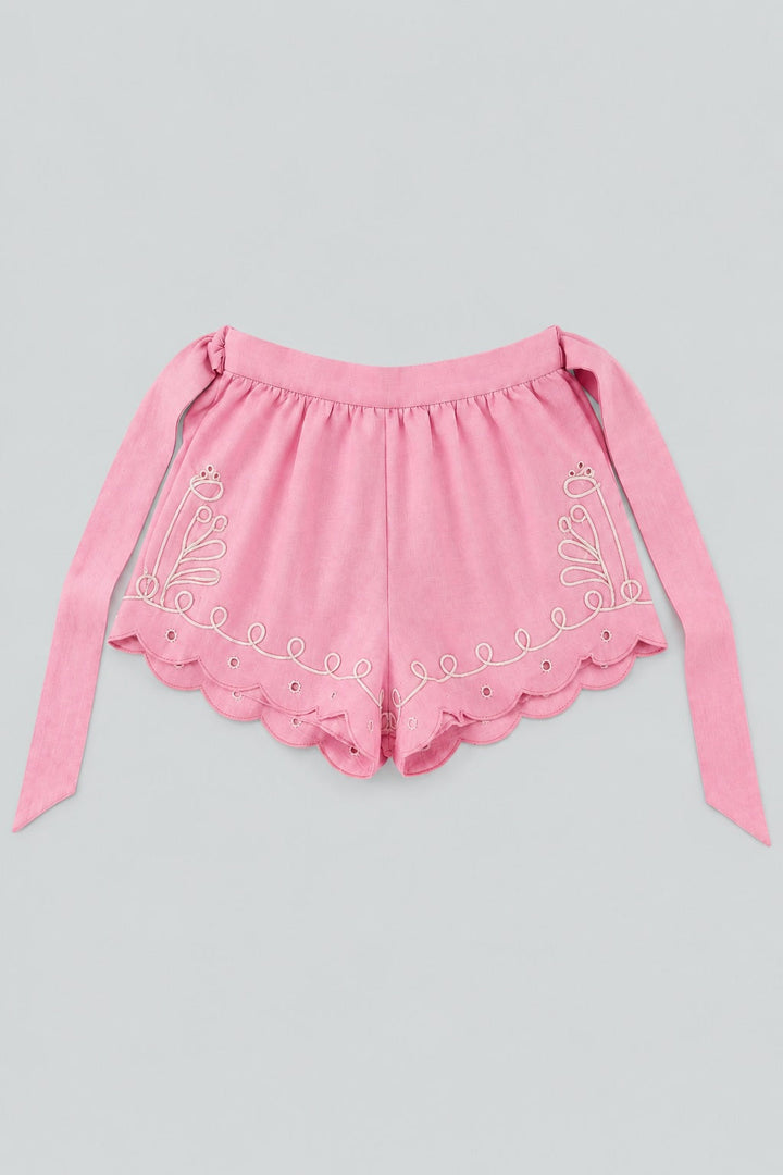 Embroidered Tie Waist Shorts - Pink Combo