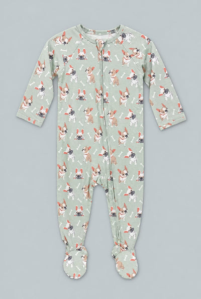 Mint Frenchie Puppy Zipper Footie - Frenchie Fun