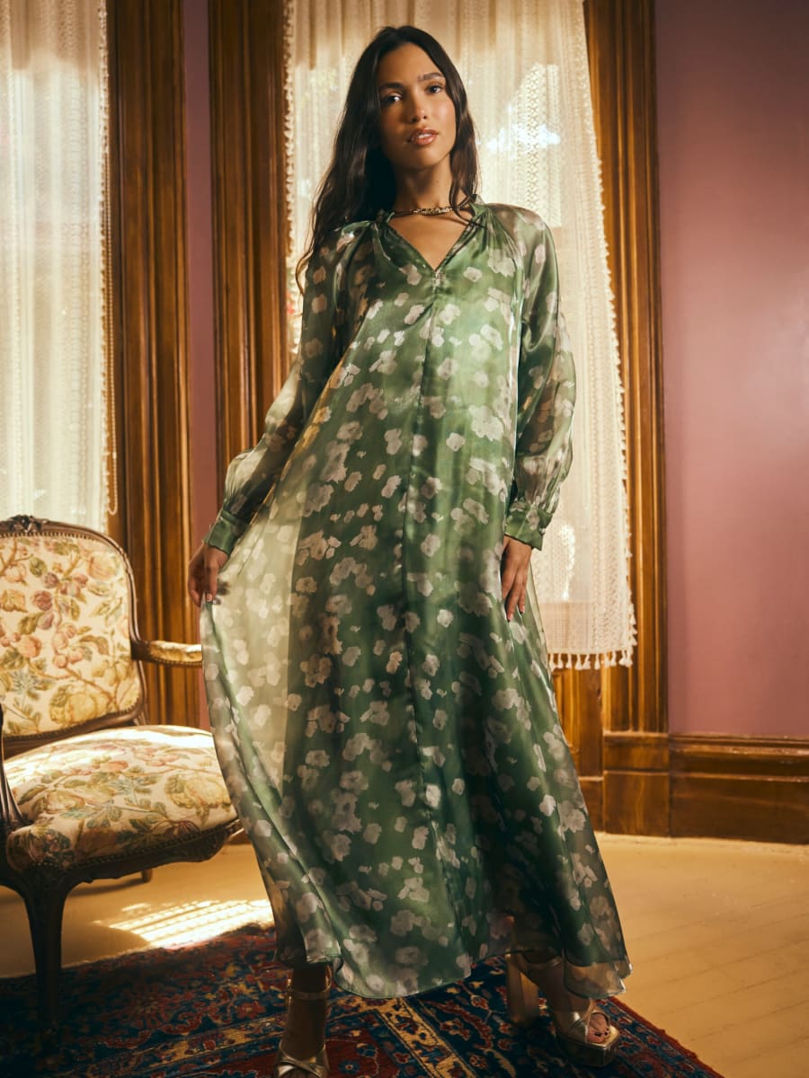 Caroline Dress - Green Blurry Magnolia