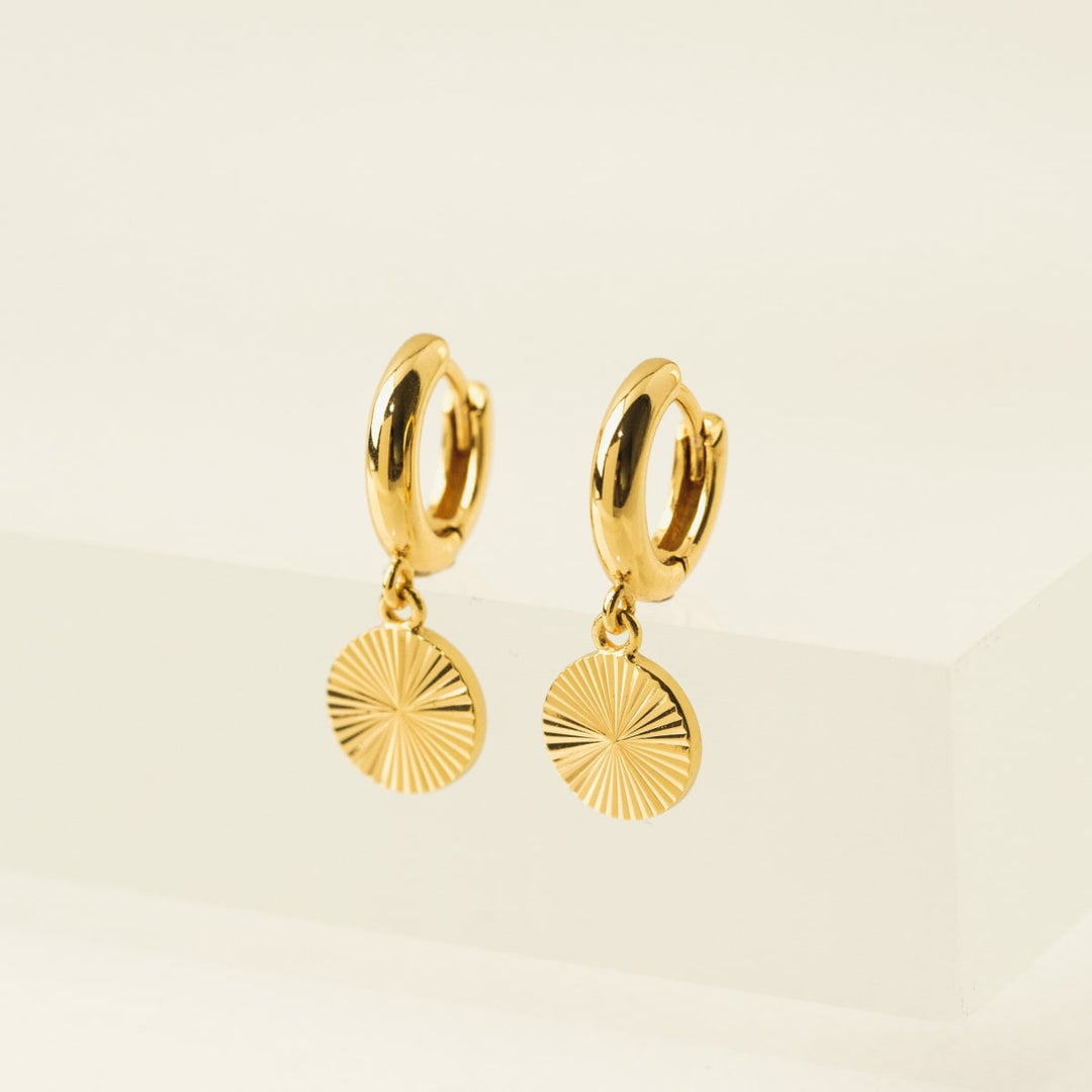 Coin Fluted Huggie Drop Hoop Earrings - Gold