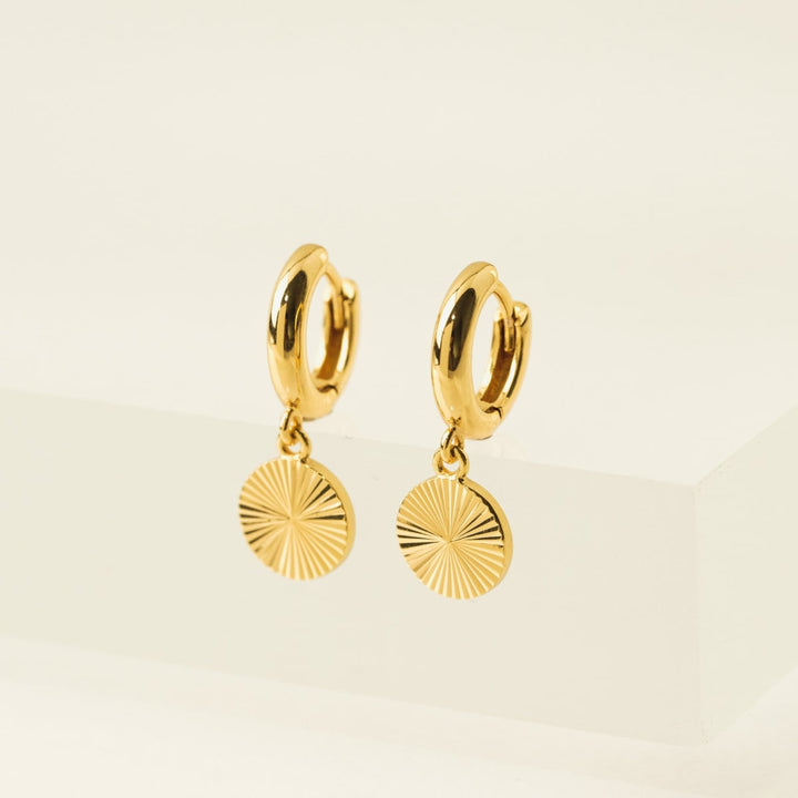 Coin Fluted Huggie Drop Hoop Earrings - Gold