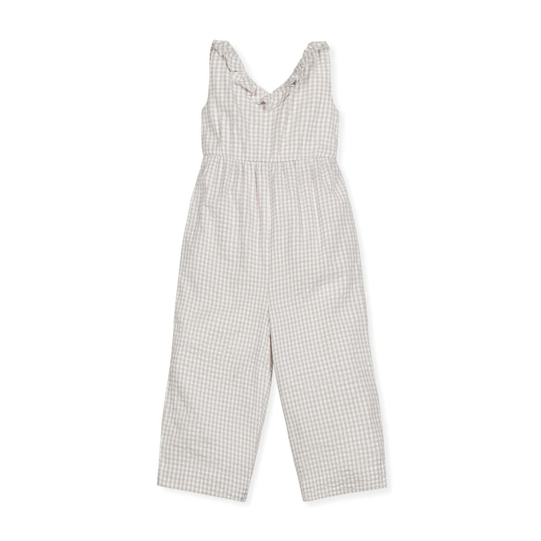 Baby Ruffle Neck Organic Jumpsuit - Taupe Gingham Seersucker