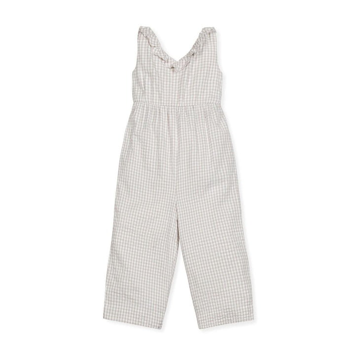 Baby Ruffle Neck Organic Jumpsuit - Taupe Gingham Seersucker