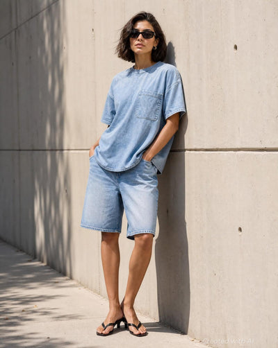 GAP × BÉIS Adult Knit Denim Baggy Shorts - Light Blue Shadow - Denim Short