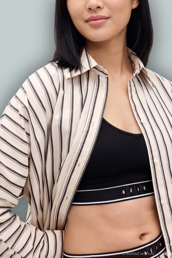 GAP × BÉIS Poplin Dolman Big Shirt - Khaki Tan & Black Stripe - Button Down Shirt