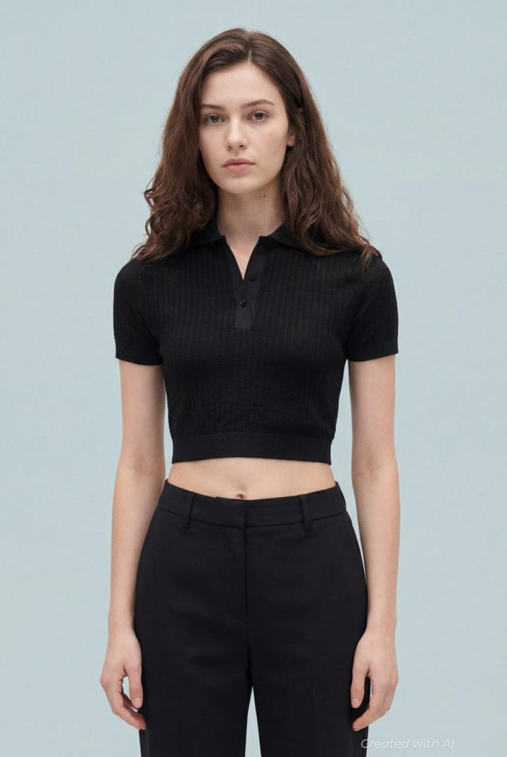 GAP × BÉIS Seamless Crop Polo Shirt - Black - Crop Top