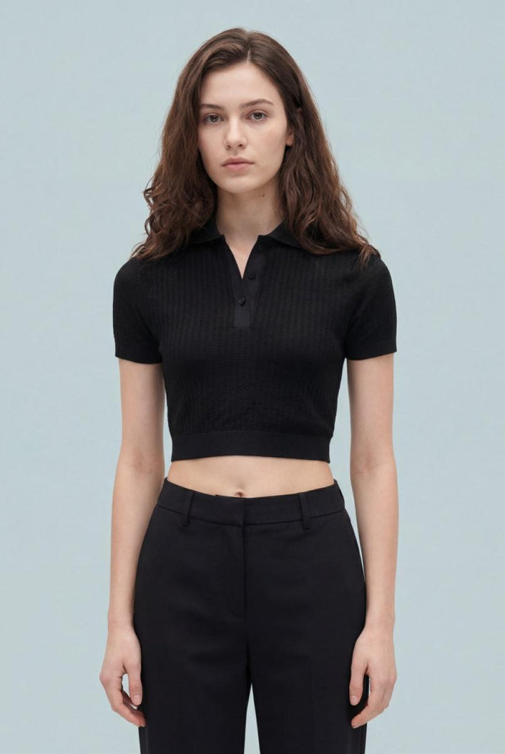 GAP × BÉIS Seamless Crop Polo Shirt - Black - Crop Top