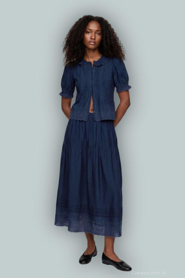GAP × DÔEN Eyelet Midi Skirt - Medium Indigo - Denim Skirt