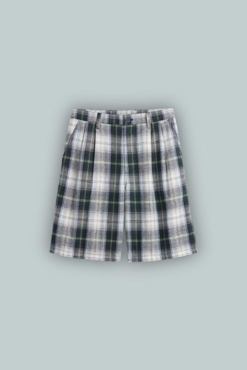 GAP × Malbon 9.5’’ Pleated Baggy Shorts - Green & Grey Plaid - Shorts