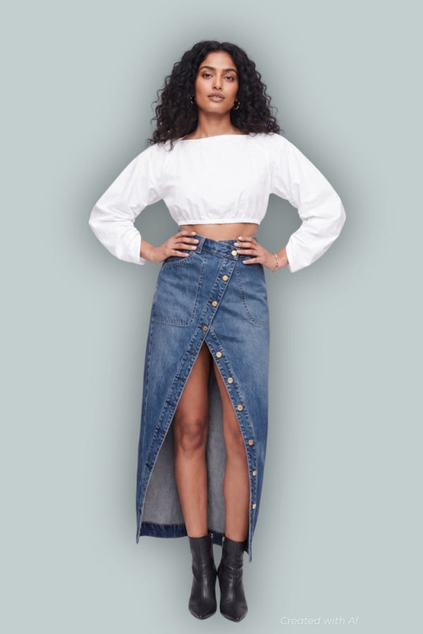 GAP x Cult Gaia Asymmetrical Denim Maxi Skirt - Medium Indigo - Denim Skirt