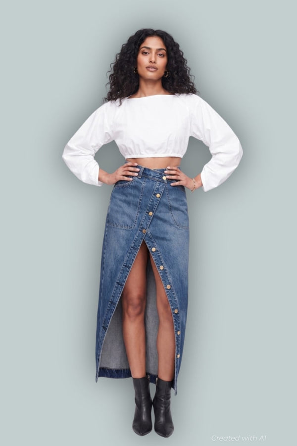 GAP x Cult Gaia Asymmetrical Denim Maxi Skirt - Medium Indigo - Denim Skirt