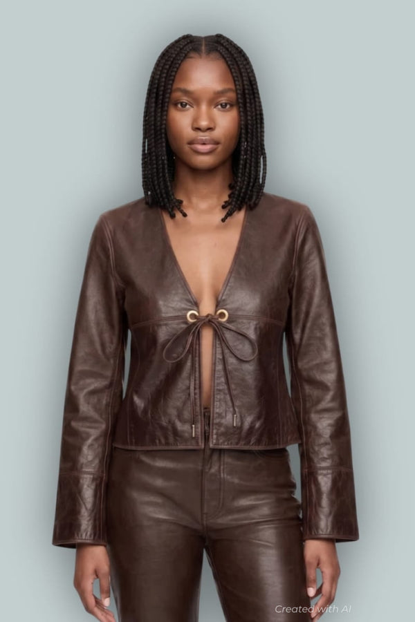 GAP x Cult Gaia Leather Jacket - Woodsy Brown - L - Leather Jacket