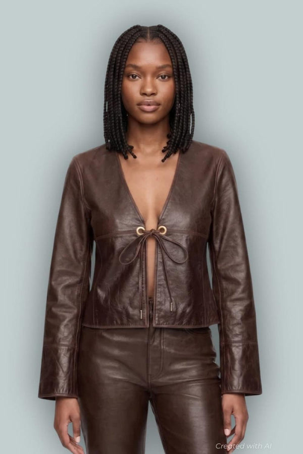 GAP x Cult Gaia Leather Jacket - Woodsy Brown - L - Leather Jacket